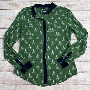 Anthropologie Maeve Green Bicycle Print Button-Down Blouse | Size 2 |
